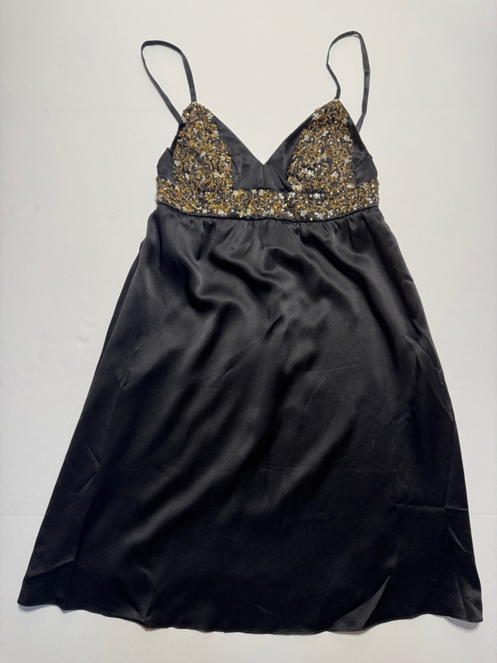 Y2K Julie Brown Black Satin Slip Dress Embroidered Gold Sequin‎ Bodice Mini 6